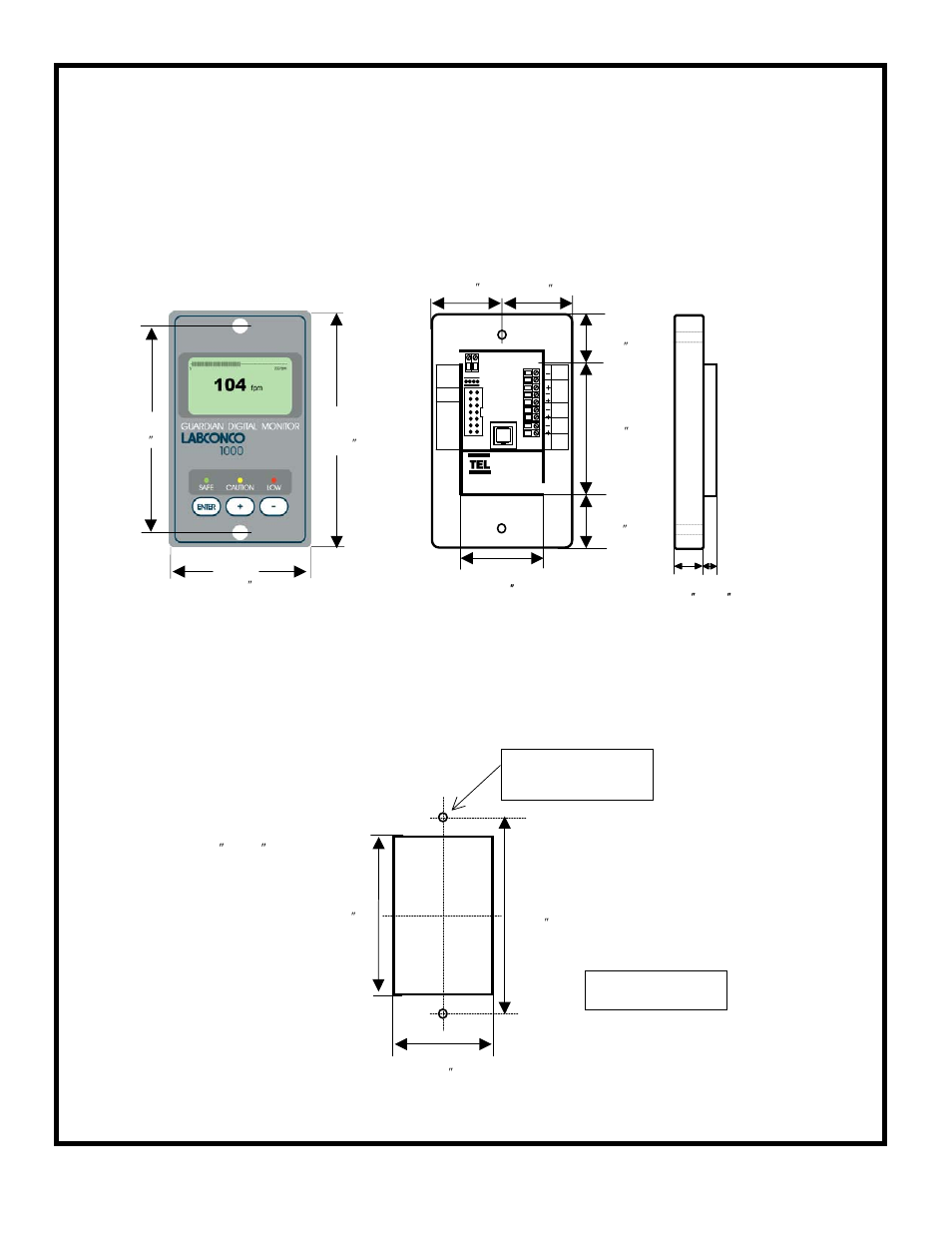 0 dimensions, Alarm panel dimensions panel cutout dimensions, Front view rear view side view | Not to scale | Labconco Guardian 1000 Digital Airflow Monitor User Manual | Page 12 / 20