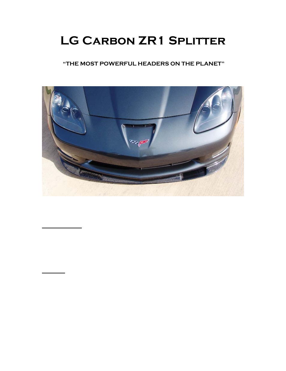 LG Motorsports LG C6 Carbon ZR1 Splitter User Manual | 9 pages