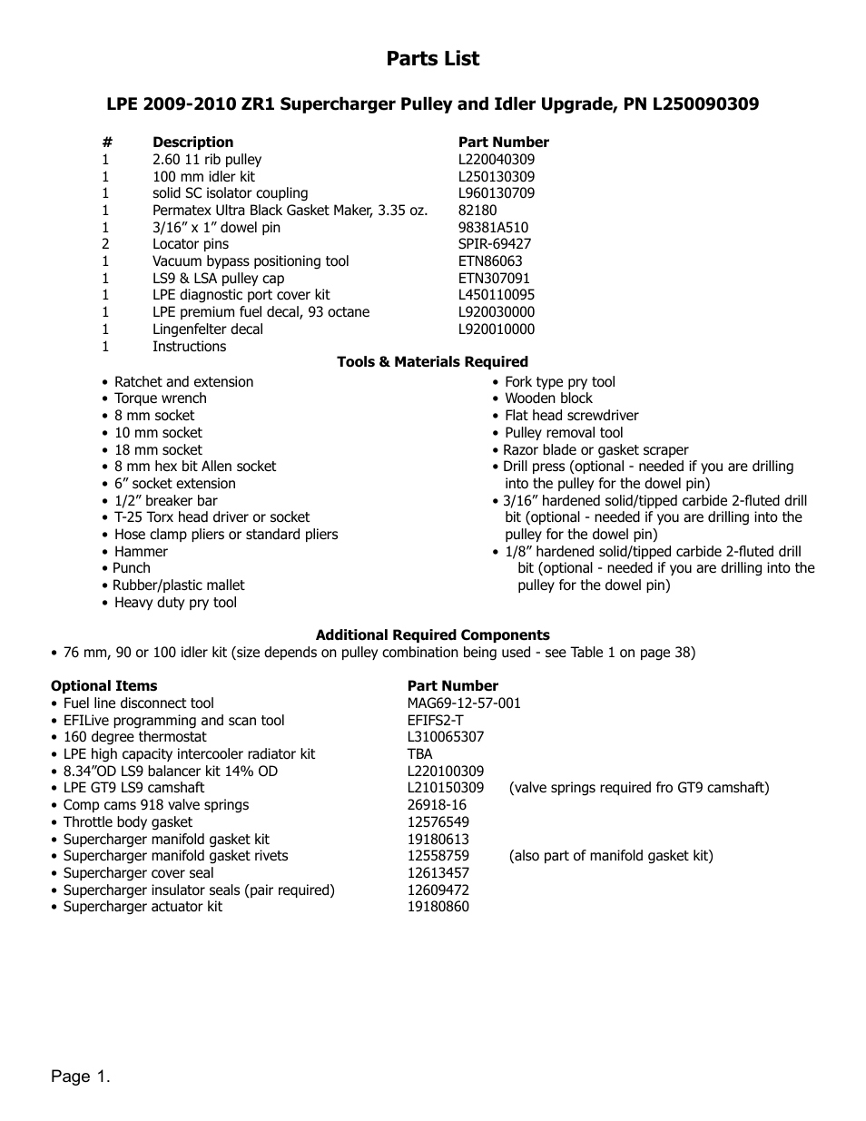Parts list | Lingenfelter L250090309 Lingenfelter C6 ZR1 Corvette Supercharger Pulley 2009-12 v1.2 User Manual | Page 2 / 40