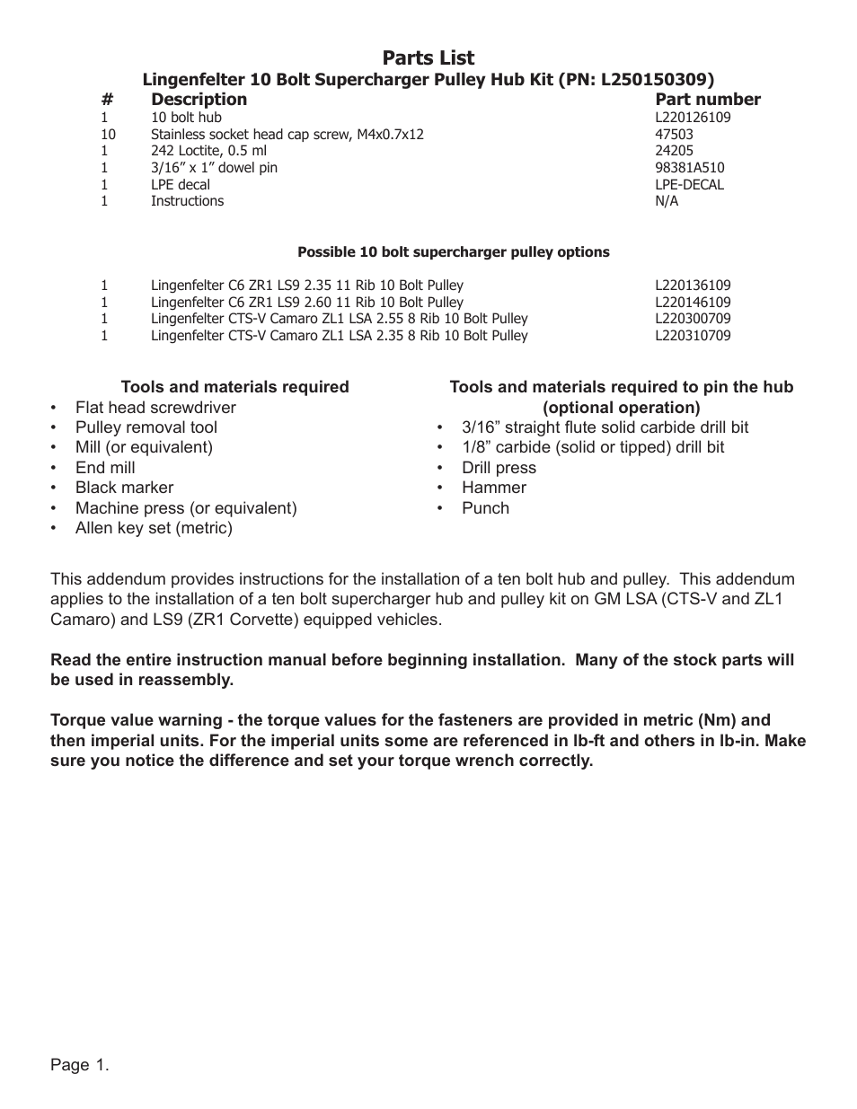 Parts list | Lingenfelter L250150309 Lingenfelter 10 bolt Supercharger Pulley Hub v1.1 User Manual | Page 2 / 6