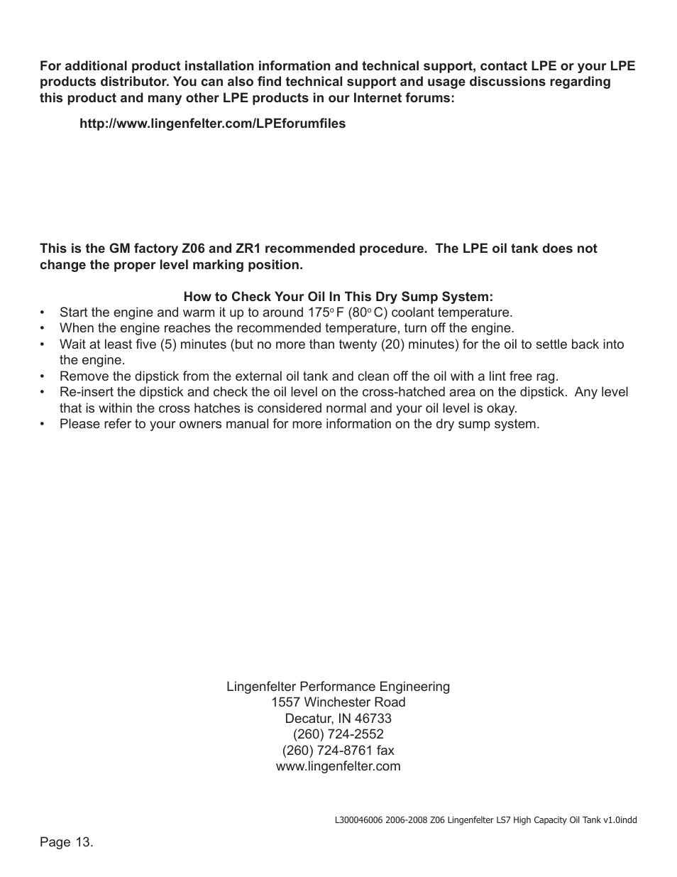 Lingenfelter L300046006 Lingenfelter C6 Z06 Corvette High Capacity Oil Tank 2006-2008 v1.0 User Manual | Page 14 / 14
