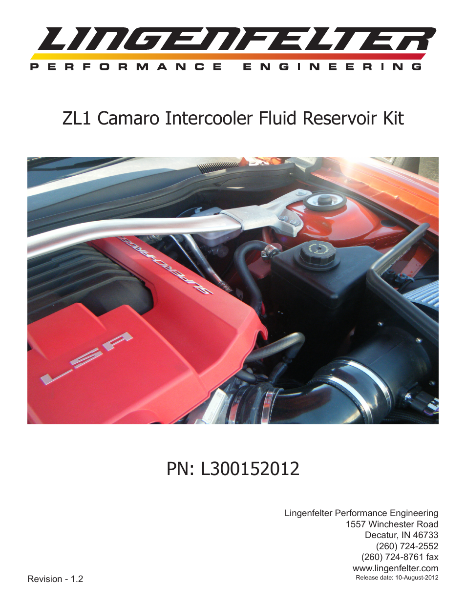 Lingenfelter L300152012 Lingenfelter ZL1 Camaro Intercooler Fluid Reservoir 2012 v1.2 User Manual | 7 pages