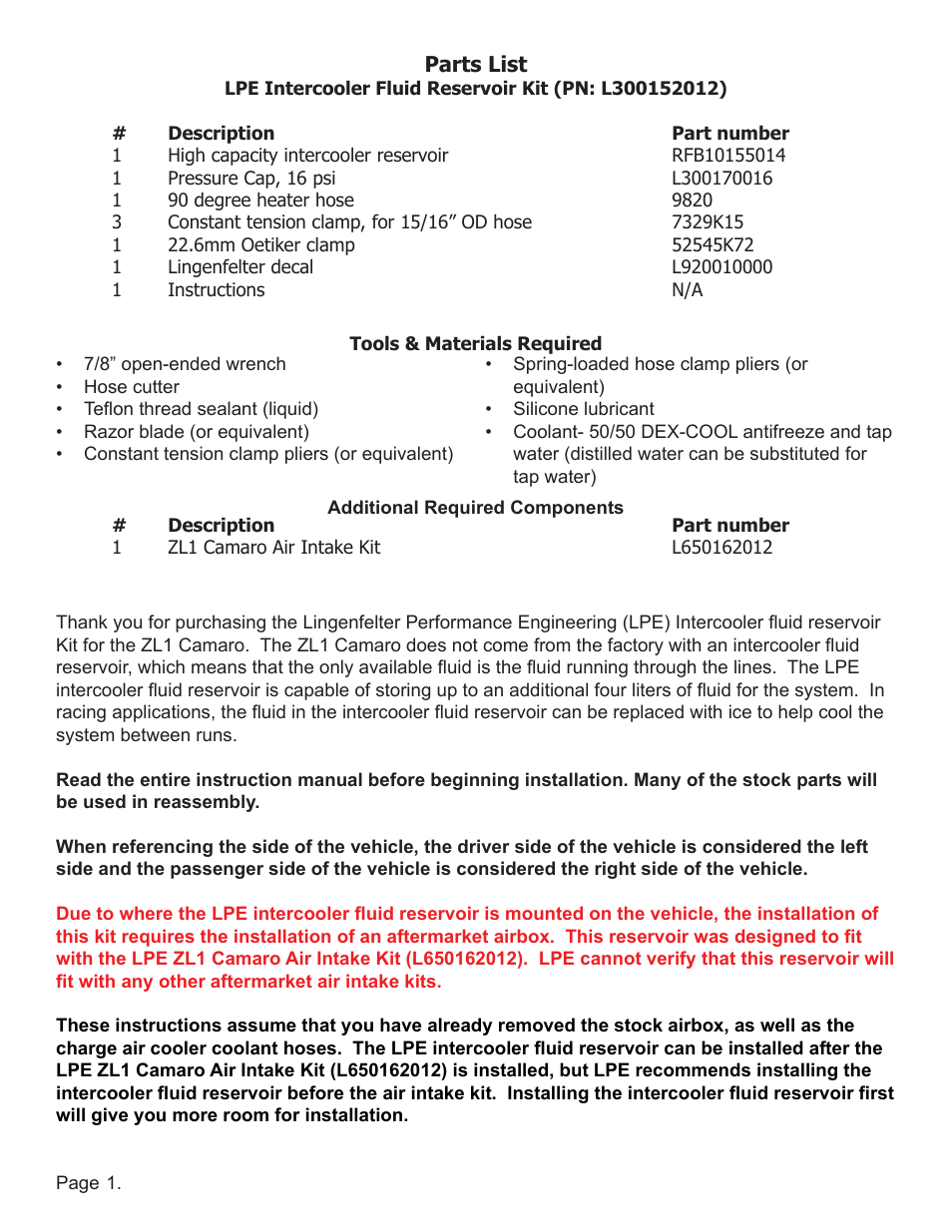 Lingenfelter L300152012 Lingenfelter ZL1 Camaro Intercooler Fluid Reservoir 2012 v1.2 User Manual | Page 2 / 7
