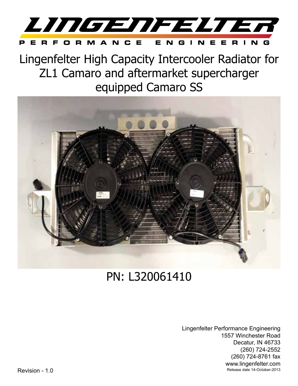 Lingenfelter L320061410 Lingenfelter High Capacity Intercooler Heat Exchanger Camaro SS & ZL1 v1.1 User Manual | 27 pages