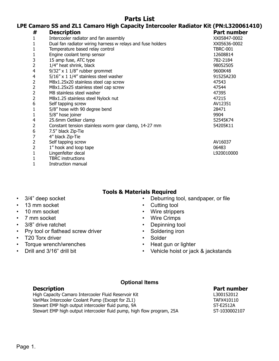 Parts list | Lingenfelter L320061410 Lingenfelter High Capacity Intercooler Heat Exchanger Camaro SS & ZL1 v1.1 User Manual | Page 2 / 27