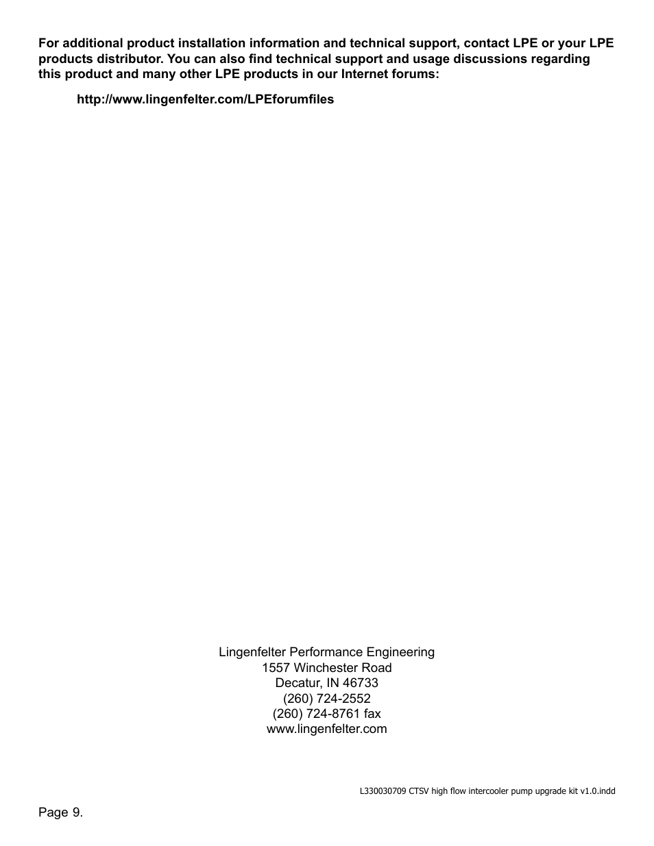Lingenfelter L330030709 CTSV High Flow Intercooler Pump Upgrade Kit v1.0 User Manual | Page 10 / 10