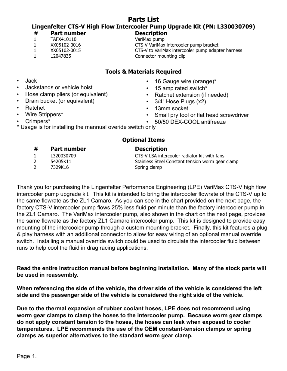 Parts list | Lingenfelter L330030709 CTSV High Flow Intercooler Pump Upgrade Kit v1.0 User Manual | Page 2 / 10