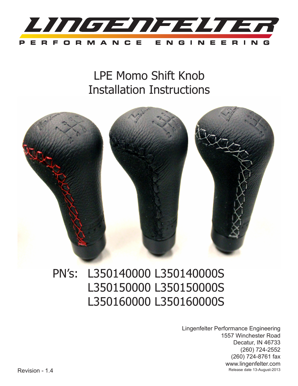 Lingenfelter L350xx0000 Lingenfelter Momo Shift Knob v1.4 User Manual | 6 pages