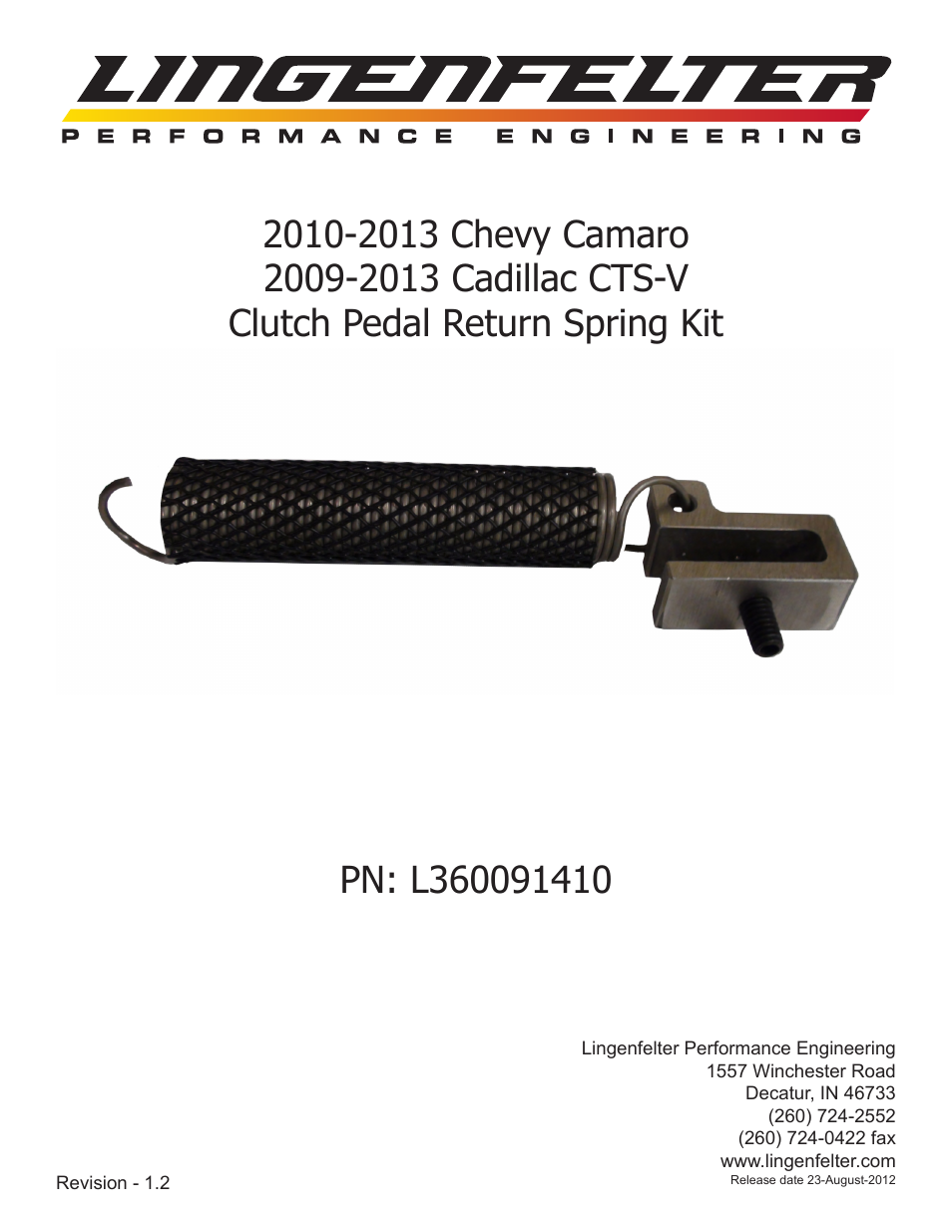 Lingenfelter L360091410 Lingenfelter Camaro CTS-V Clutch Return Spring Kit v1.2 User Manual | 8 pages
