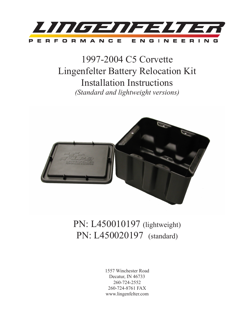 Lingenfelter L450010197 L450020197 Lingenfelter C5 Corvette Battery Relocation v1.5 User Manual | 22 pages