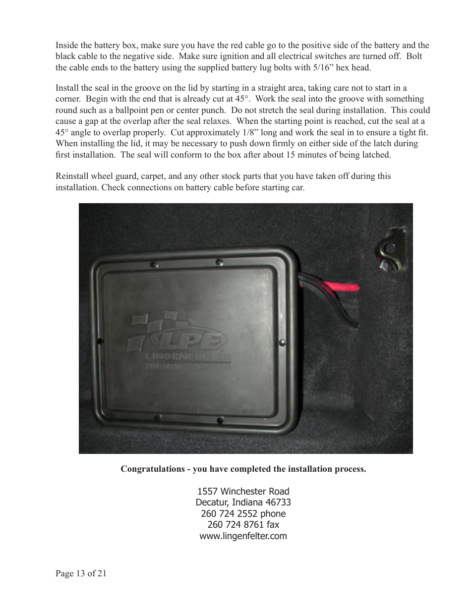 Lingenfelter L450010197 L450020197 Lingenfelter C5 Corvette Battery Relocation v1.5 User Manual | Page 14 / 22