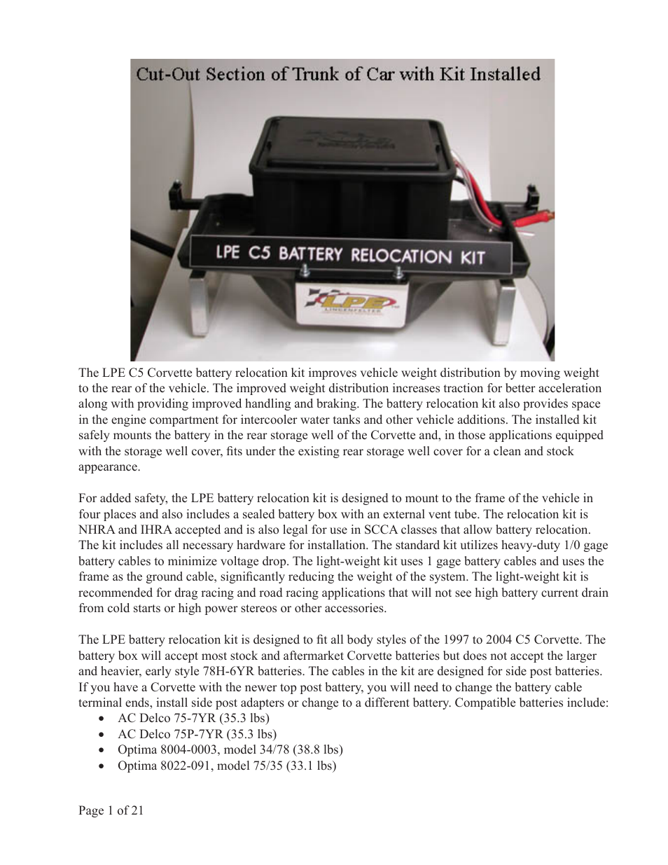 Lingenfelter L450010197 L450020197 Lingenfelter C5 Corvette Battery Relocation v1.5 User Manual | Page 2 / 22