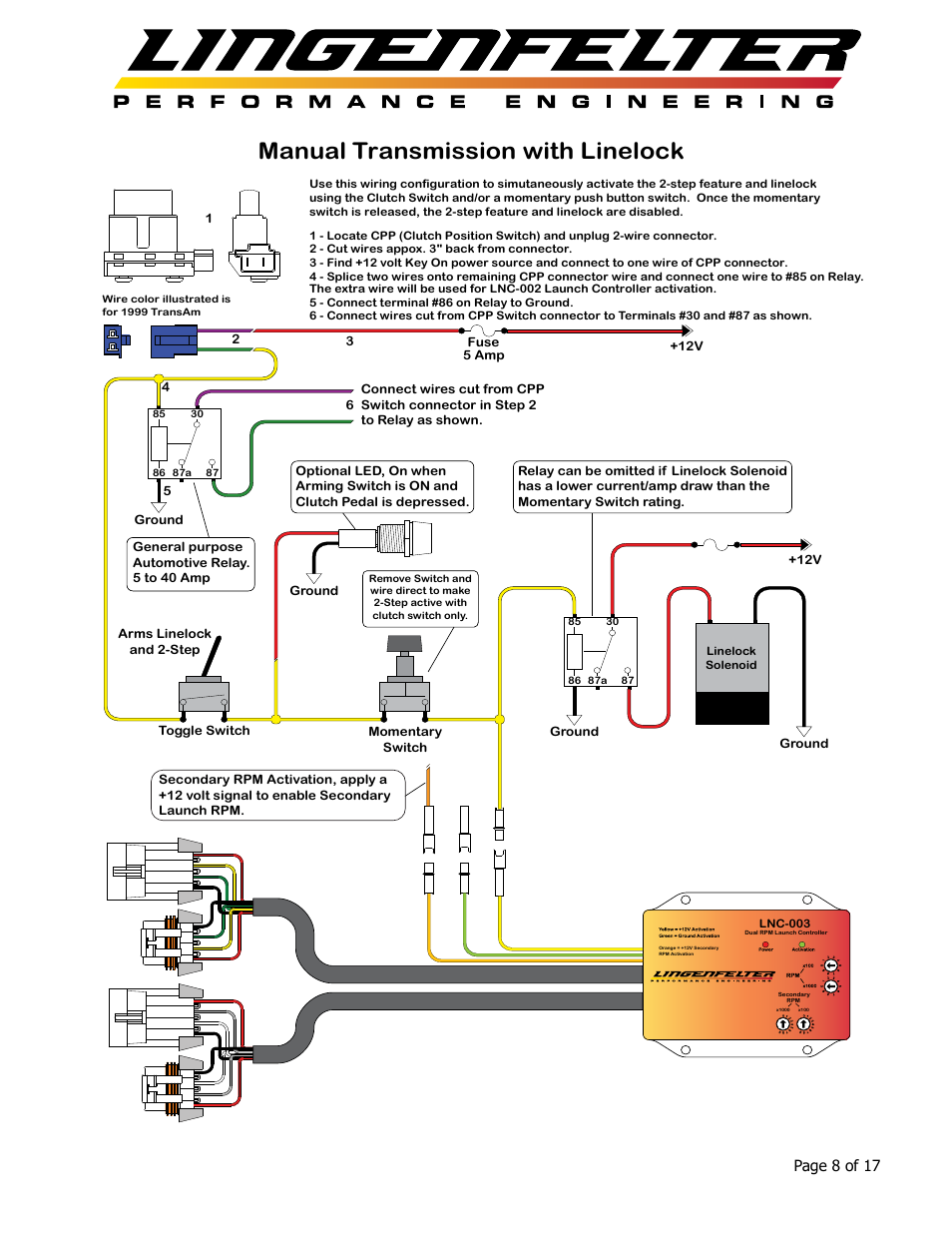 Manual transmission with linelock, Page 8 of 17 | Lingenfelter L460105297 Lingenfelter LNC-003 Dual RPM Launch Controller v2.7 User Manual | Page 9 / 18