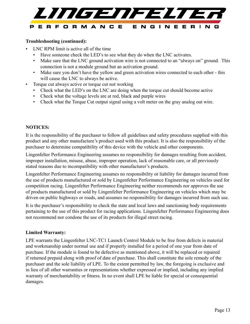 Lingenfelter L460135297 Lingenfelter LNC-TC1 Torque Cut Module RPM Limit v1.1 User Manual | Page 14 / 16