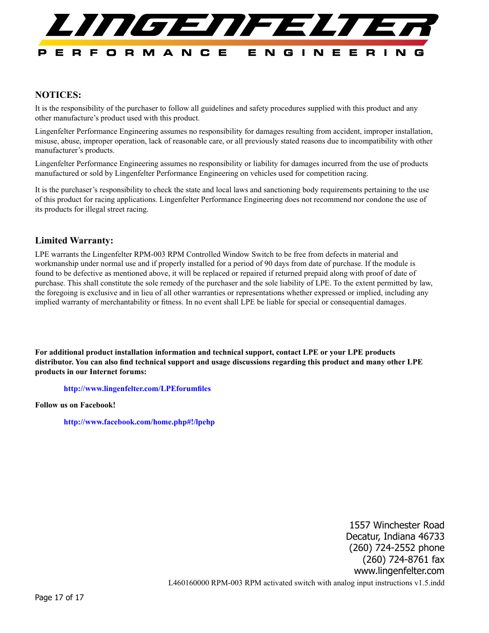 Lingenfelter L460160000 Lingenfelter RPM-003 RPM Activated Switch Instructions v1.5 User Manual | Page 18 / 18