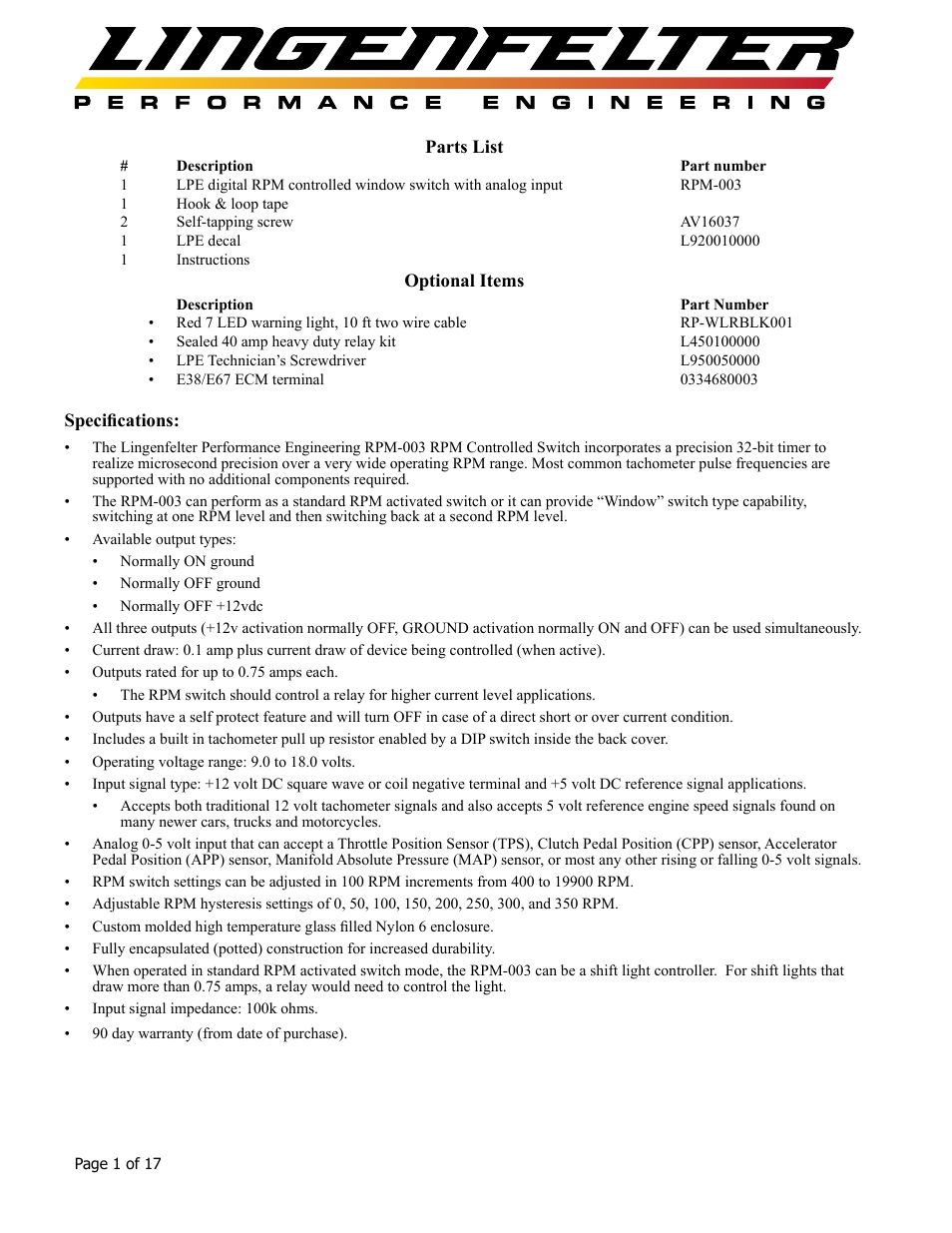 Lingenfelter L460160000 Lingenfelter RPM-003 RPM Activated Switch Instructions v1.5 User Manual | Page 2 / 18