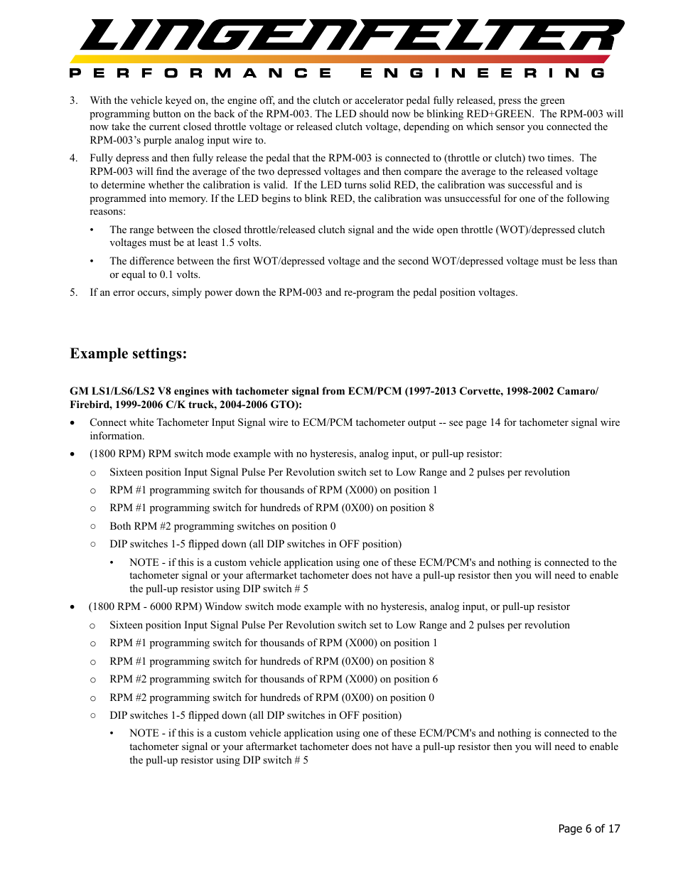 Example settings | Lingenfelter L460160000 Lingenfelter RPM-003 RPM Activated Switch Instructions v1.5 User Manual | Page 7 / 18
