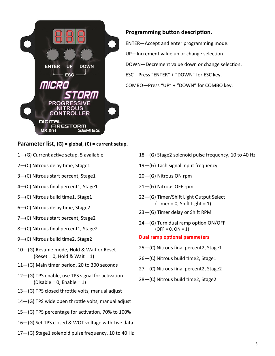 Programming button description, Parameter list | Lingenfelter L460330000 Micro Storm MS-001 2-Stage Dual Ramp Progressive Nitrous Controller v 2.6 User Manual | Page 3 / 14