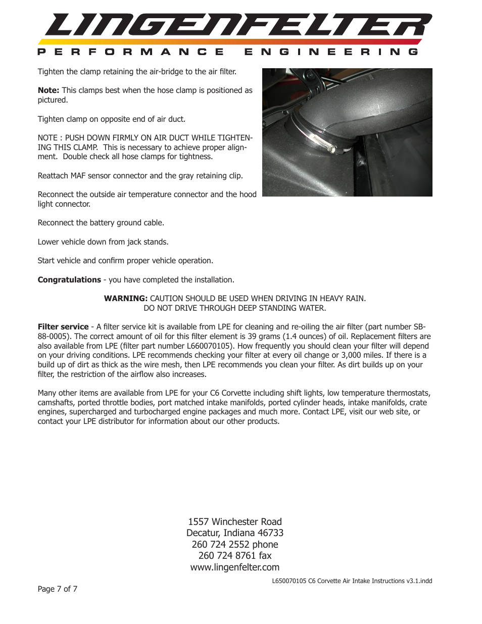 Lingenfelter L650070105 Lingenfelter C6 Corvette Air Intake 2005-2007 v3.1 User Manual | Page 8 / 8