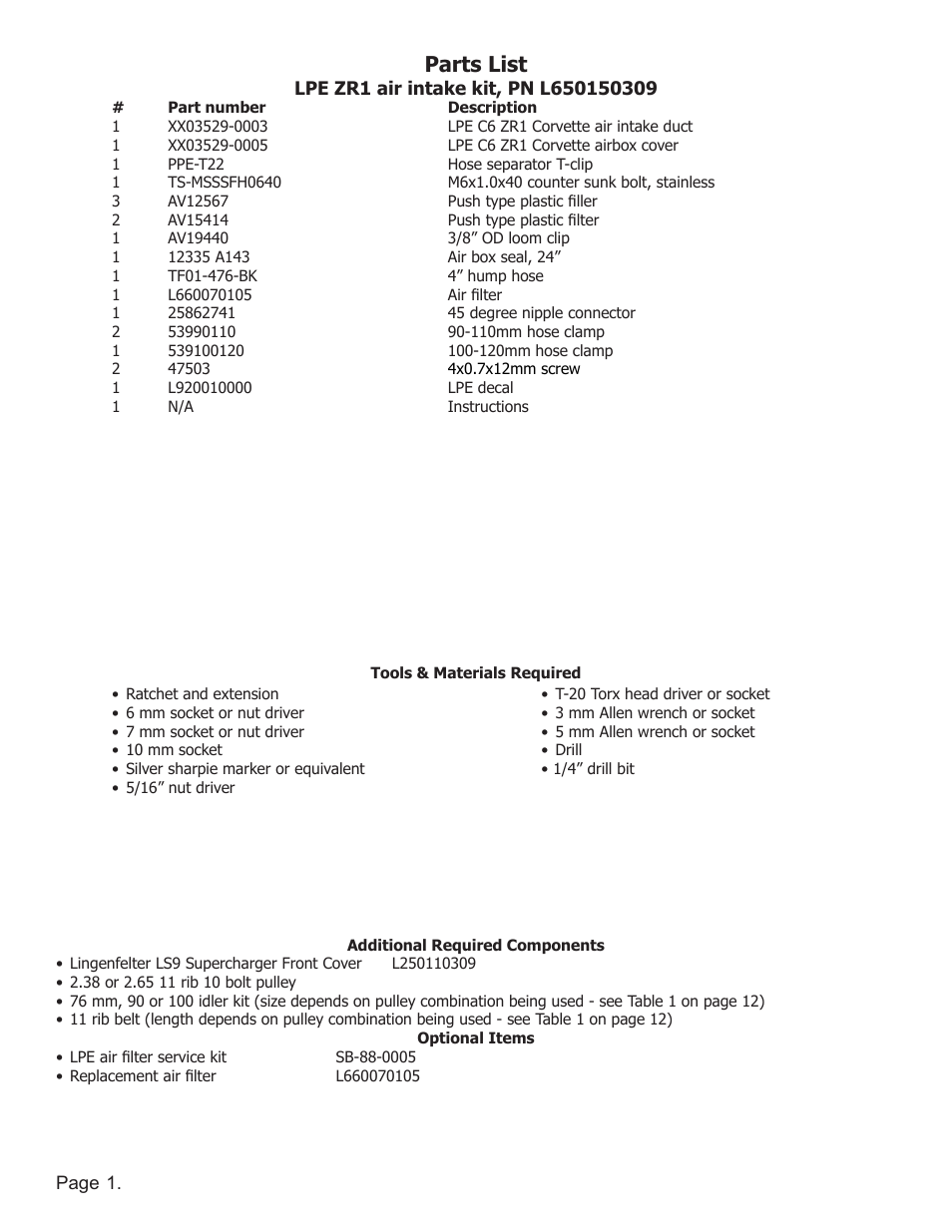 Parts list | Lingenfelter L650150309 Lingenfelter C6 ZR1 Lingenfelter Air Intake 2009-2012 v2.2 User Manual | Page 2 / 13