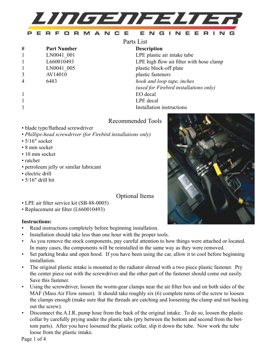 Lingenfelter L650500494 Lingenfelter F-Body SuperTube Air Intake 1994-1997 v4.2 User Manual | Page 2 / 5