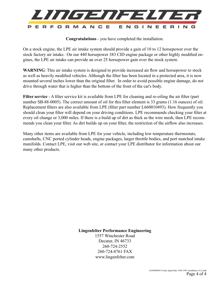 Lingenfelter L650500494 Lingenfelter F-Body SuperTube Air Intake 1994-1997 v4.2 User Manual | Page 5 / 5