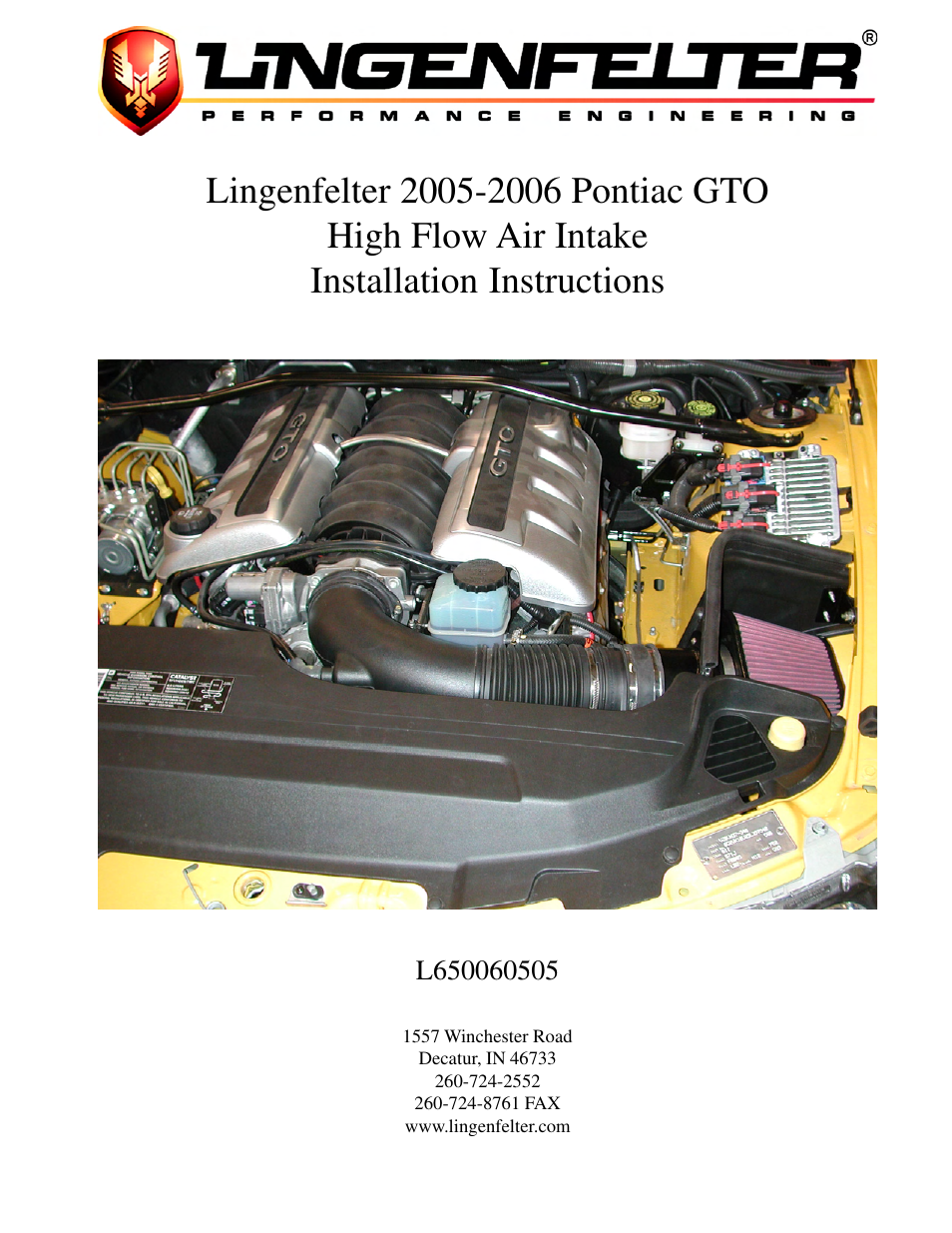 Lingenfelter L650060505 Lingenfelter Pontiac GTO Air Intake 2005-2006 v4.0b User Manual | 11 pages