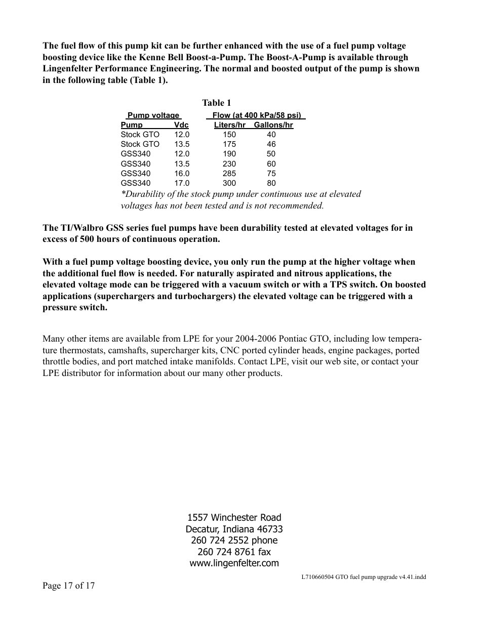 Lingenfelter L710660504 Lingenfelter Pontiac GTO Fuel Pump 2003-2006 v4.41 User Manual | Page 18 / 18