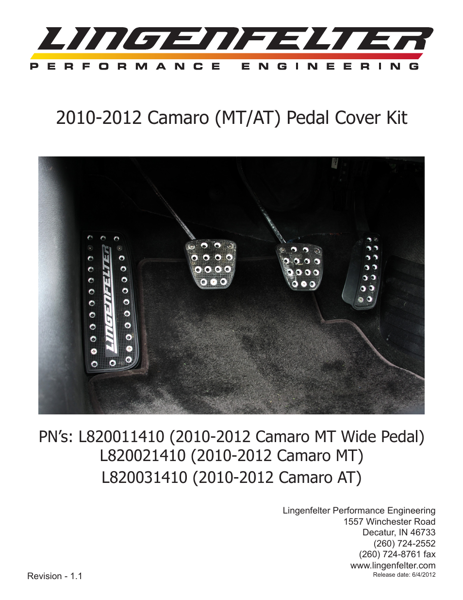 Lingenfelter L8200xxxxx Lingenfelter Camaro Billet Pedal 2010-2012 v1.1 User Manual | 7 pages