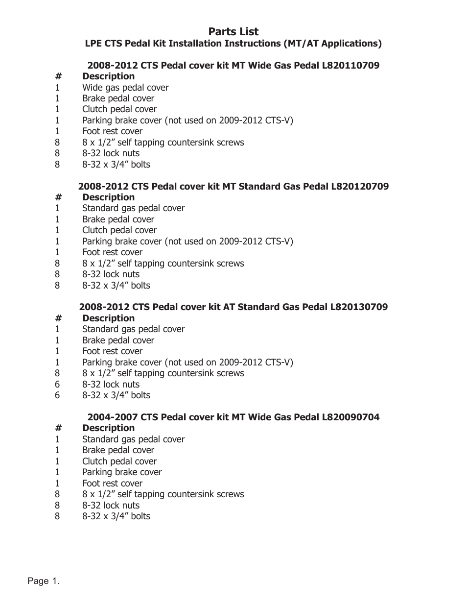 Lingenfelter L820xxxxxx Lingenfelter Cadillac CTS Billet Pedal v1.1 User Manual | Page 2 / 8
