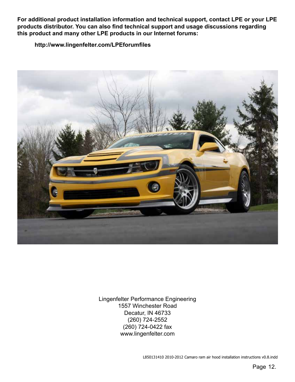 Picture | Lingenfelter L850131410 Camaro Ram Air Hood v 0.8 User Manual | Page 13 / 13