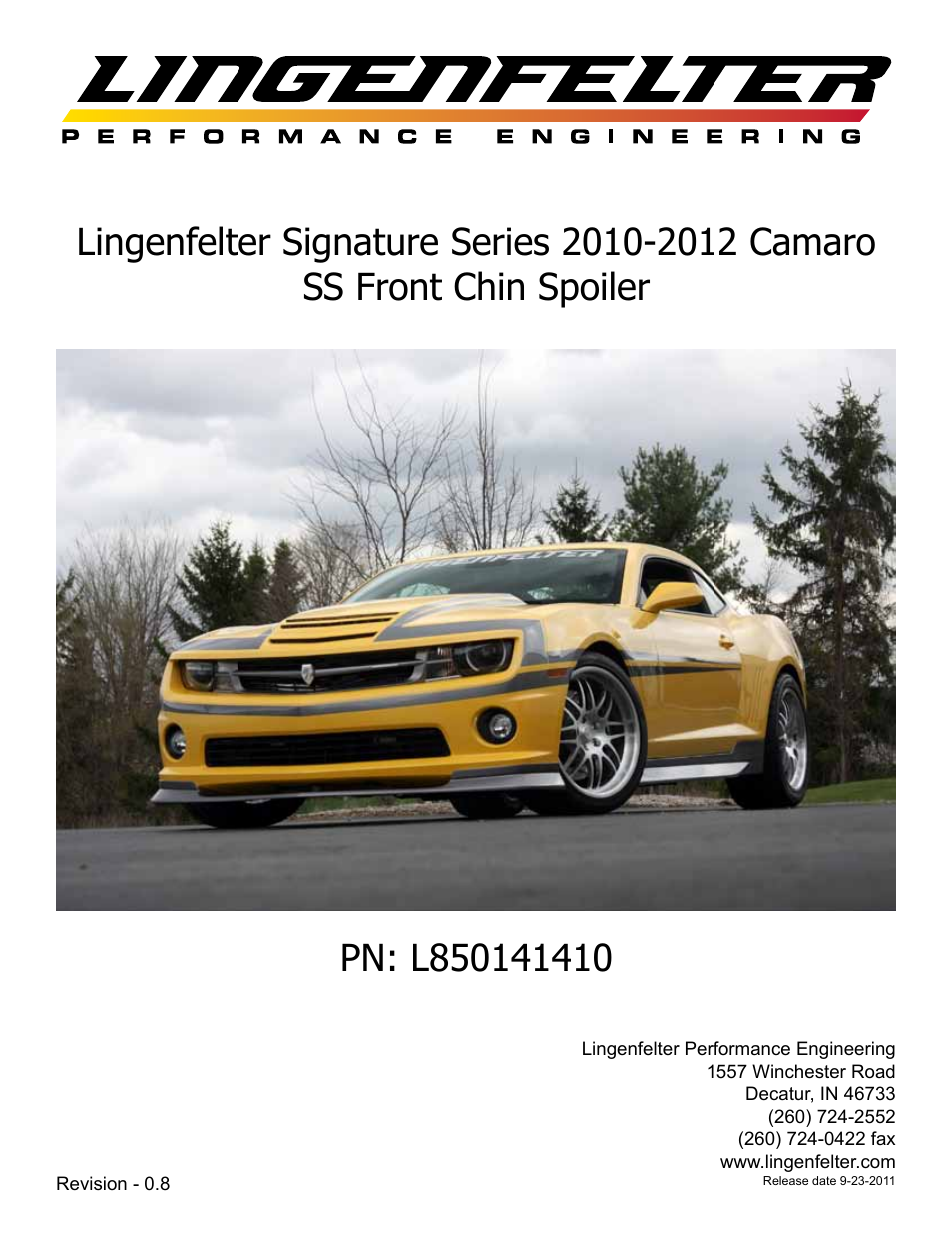 Lingenfelter L850141410 Camaro Front Chin Spoiler v0.8 User Manual | 7 pages