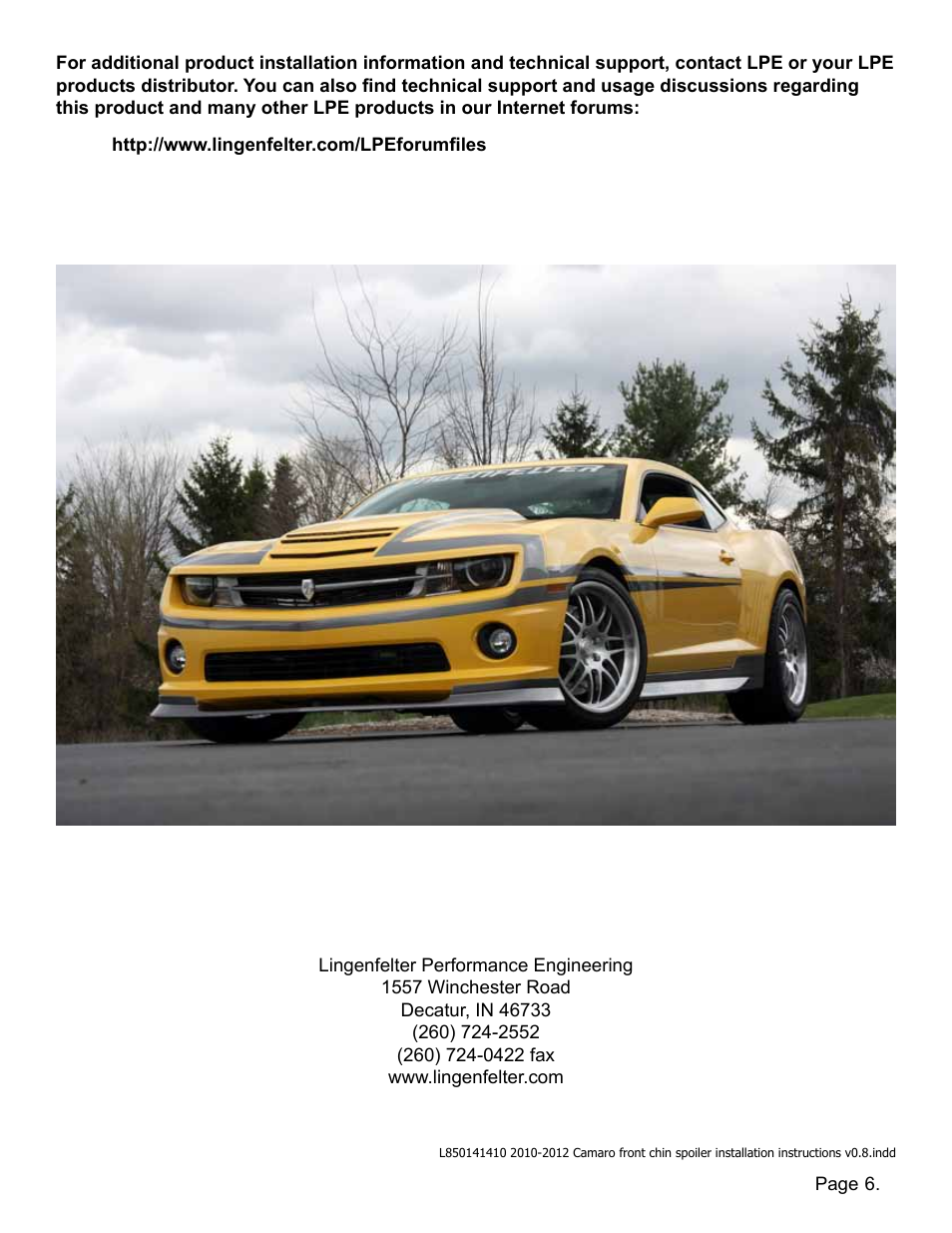 Picture | Lingenfelter L850141410 Camaro Front Chin Spoiler v0.8 User Manual | Page 7 / 7
