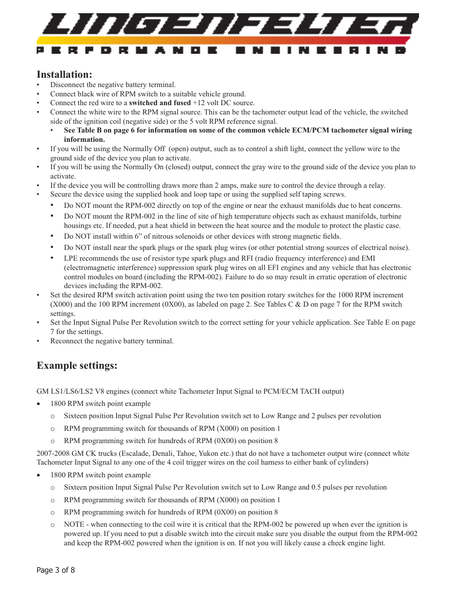 Installation, Example settings | Lingenfelter L460040000 Lingenfelter RPM-002 RPM Activated Switch Instructions v2.3 User Manual | Page 4 / 9