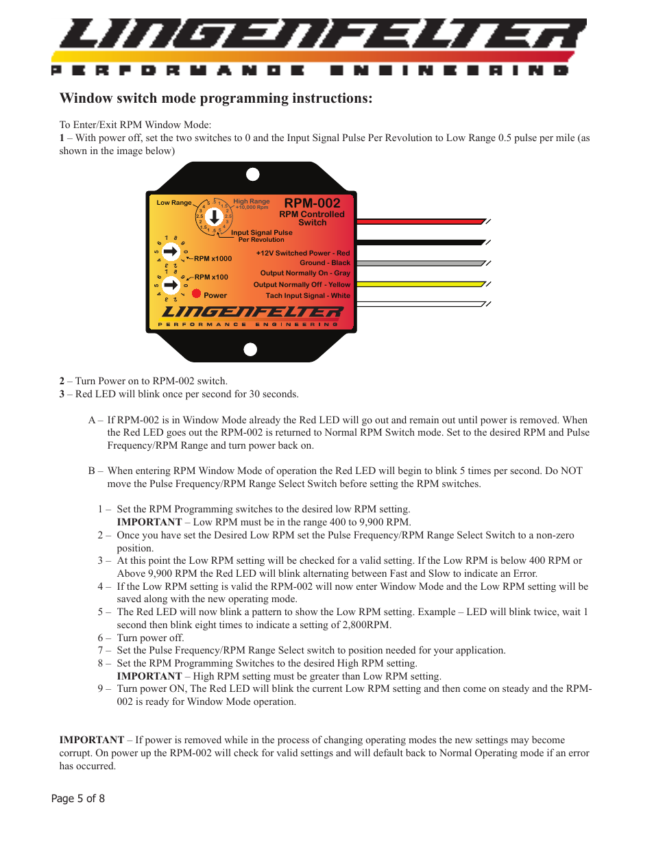 Window switch mode programming instructions, Rpm-002 | Lingenfelter L460040000 Lingenfelter RPM-002 RPM Activated Switch Instructions v2.3 User Manual | Page 6 / 9