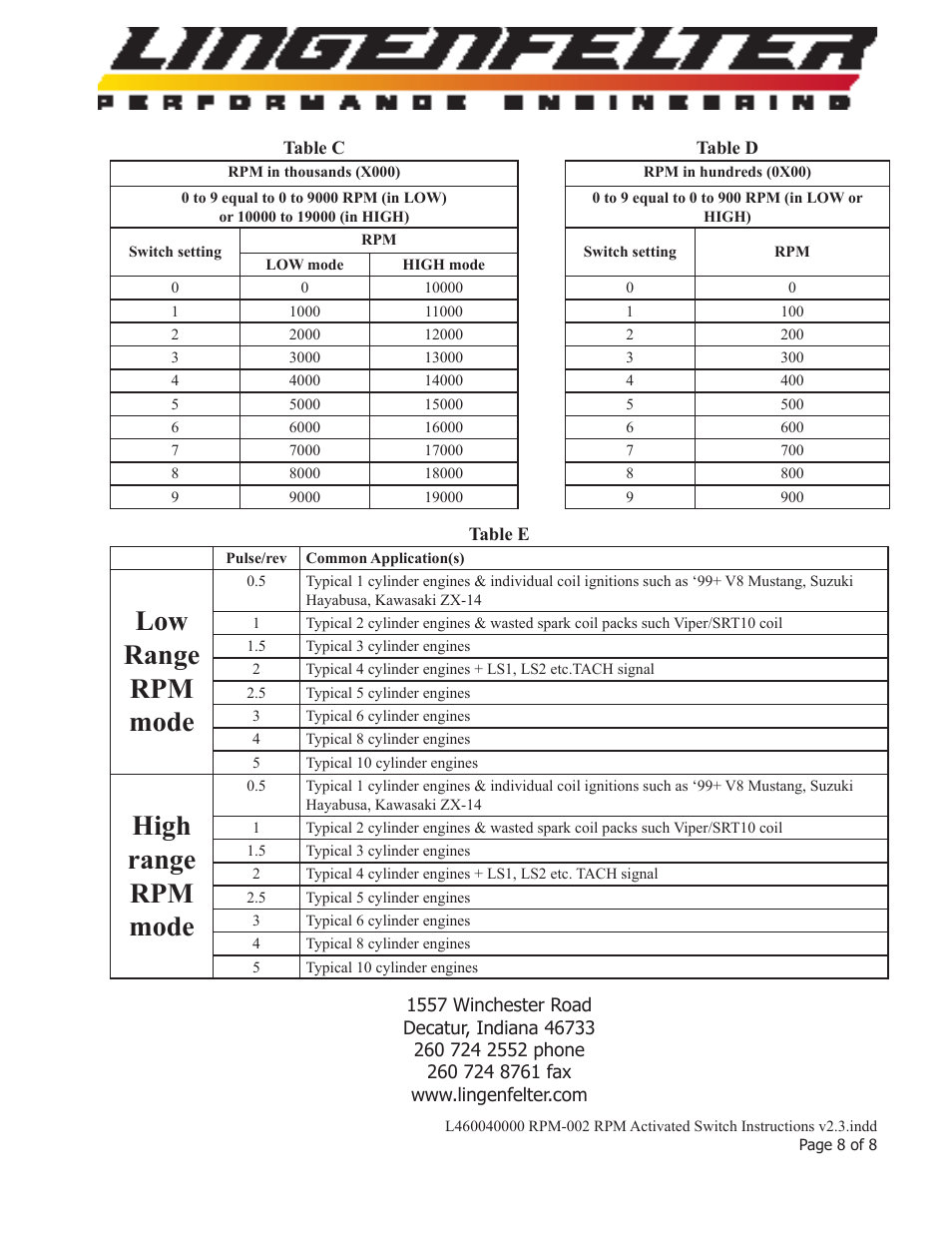 Low range rpm mode, High range rpm mode | Lingenfelter L460040000 Lingenfelter RPM-002 RPM Activated Switch Instructions v2.3 User Manual | Page 9 / 9