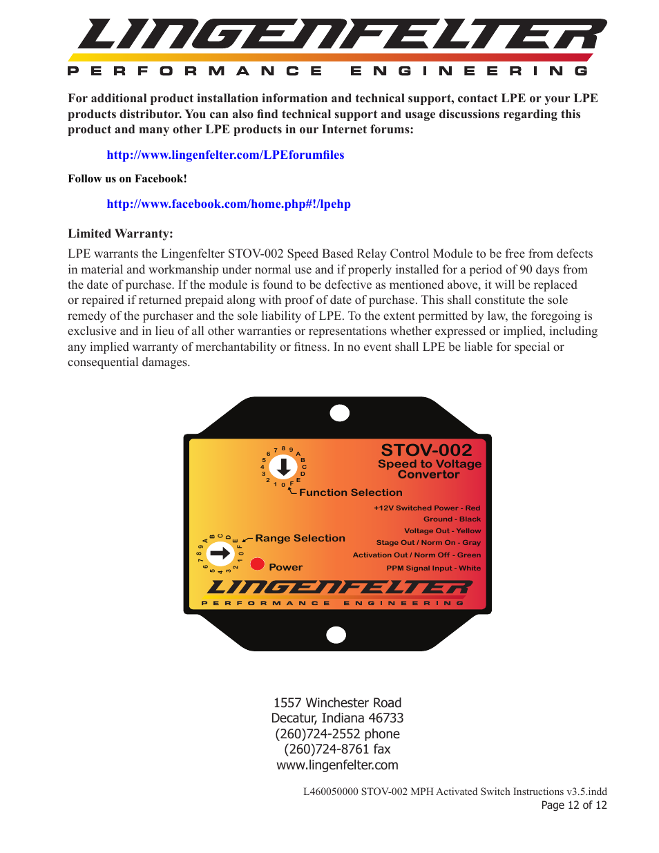 Stov-002, Follow us on facebook | Lingenfelter L460050000 Lingenfelter STOV-002 MPH Activated Switch v3.5 User Manual | Page 13 / 13