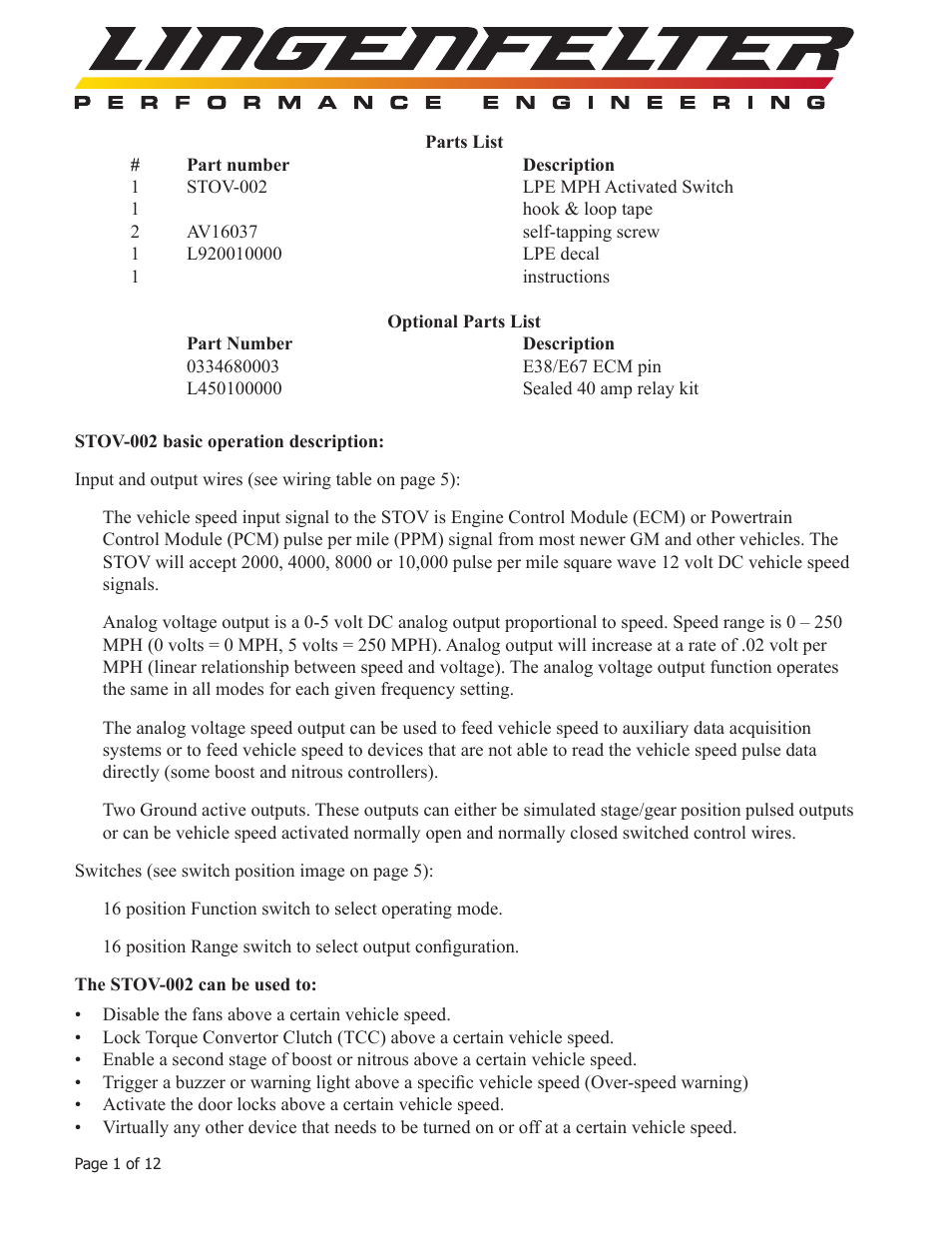 Lingenfelter L460050000 Lingenfelter STOV-002 MPH Activated Switch v3.5 User Manual | Page 2 / 13