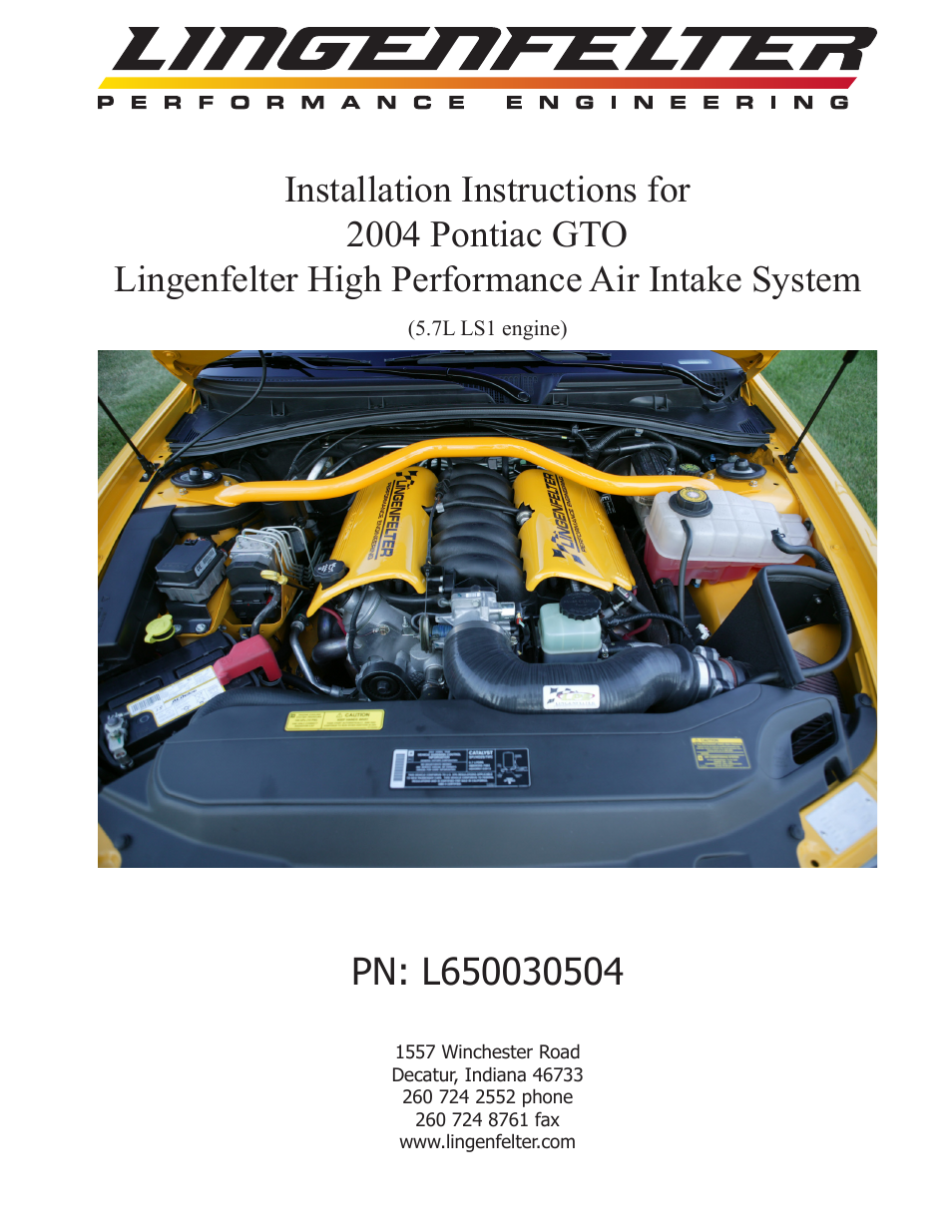 Lingenfelter L650030504 Lingenfelter 2004 GTO Airbox Instructions v3.1 User Manual | 10 pages