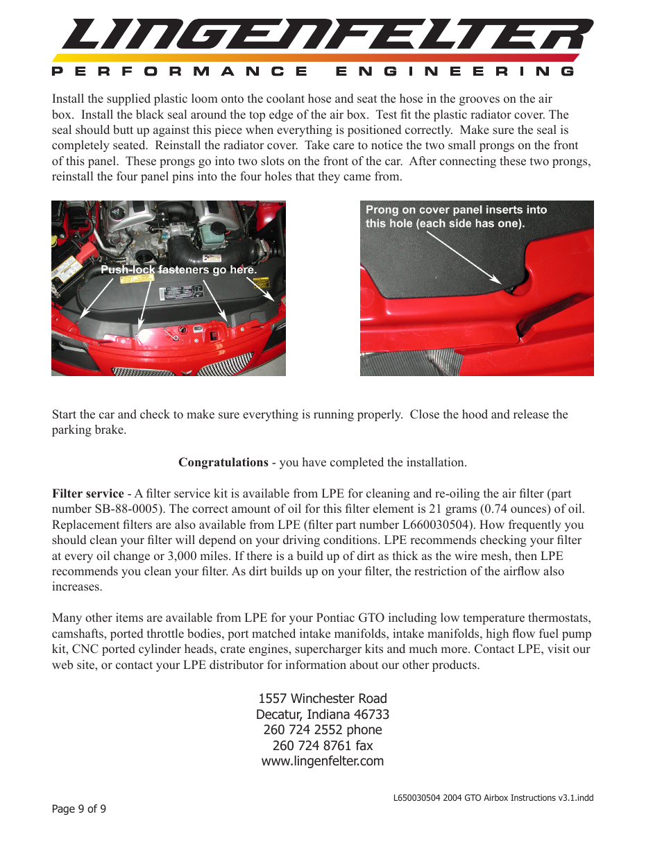 Lingenfelter L650030504 Lingenfelter 2004 GTO Airbox Instructions v3.1 User Manual | Page 10 / 10