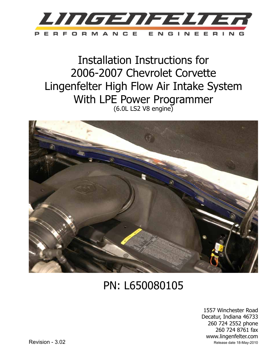 Lingenfelter L650080105 Lingenfelter PP C6 Corvette Air Intake Instructions v3.02 User Manual | 8 pages