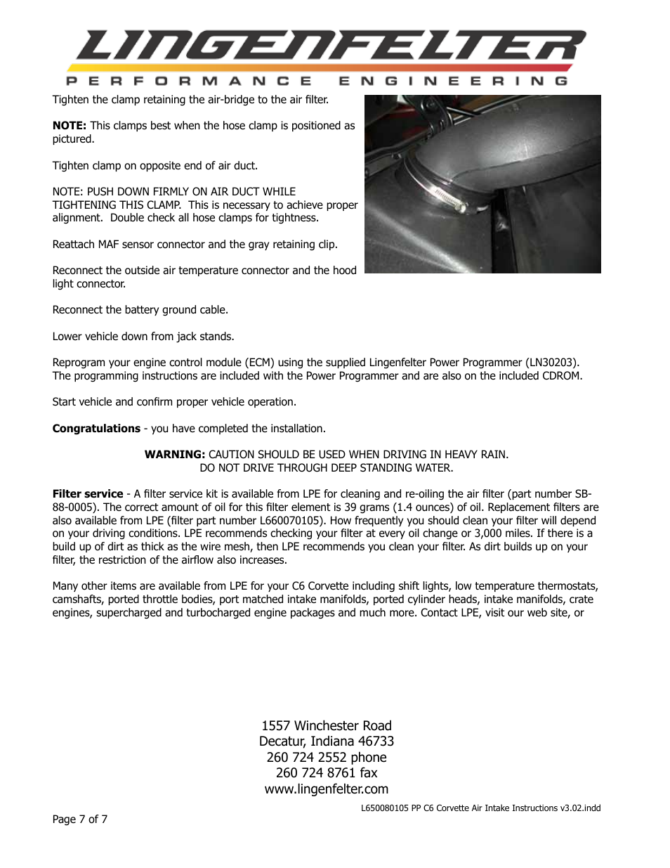 Lingenfelter L650080105 Lingenfelter PP C6 Corvette Air Intake Instructions v3.02 User Manual | Page 8 / 8