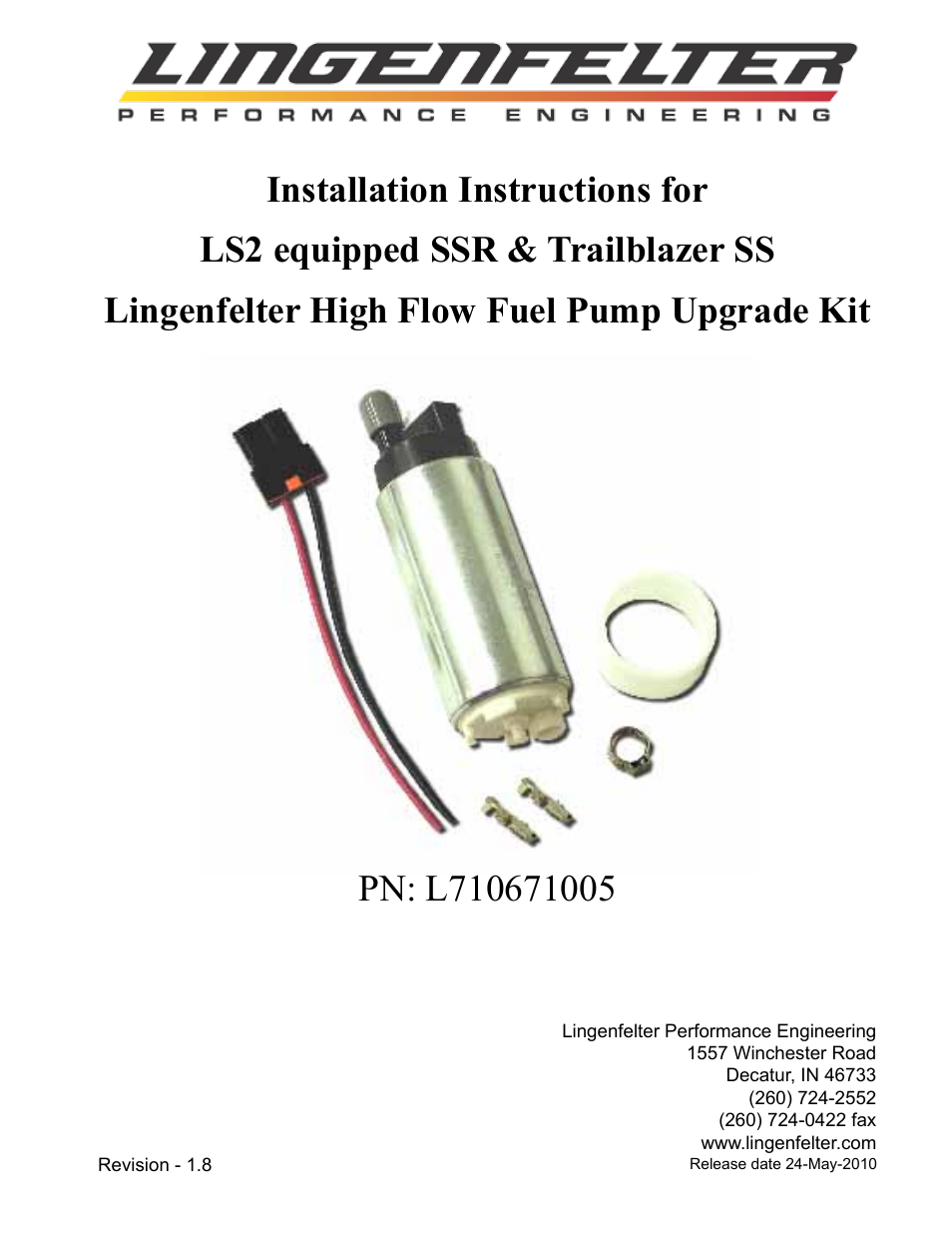 Lingenfelter L710671005 Lingenfelter Trailblazer SS & SSR Fuel Pump Upgrade Kit v1.8 User Manual | 6 pages