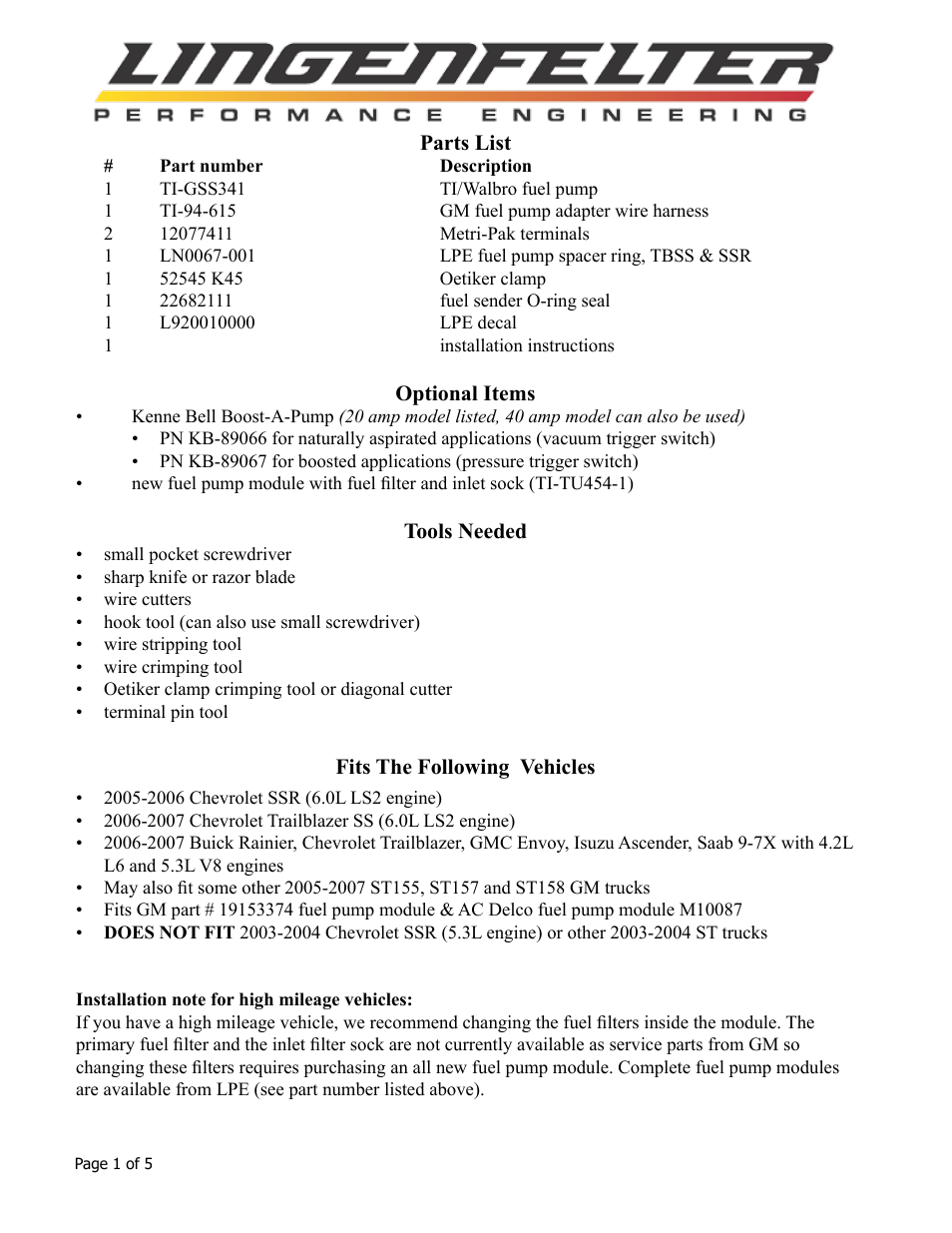 Lingenfelter L710671005 Lingenfelter Trailblazer SS & SSR Fuel Pump Upgrade Kit v1.8 User Manual | Page 2 / 6