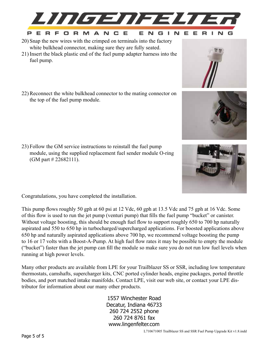 Lingenfelter L710671005 Lingenfelter Trailblazer SS & SSR Fuel Pump Upgrade Kit v1.8 User Manual | Page 6 / 6