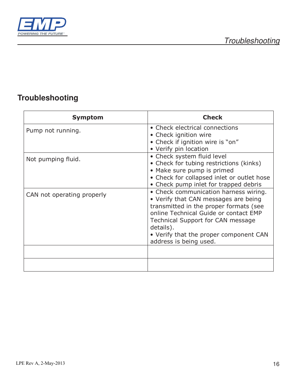 Troubleshooting | Lingenfelter Stewart EMP High Volume Intercooler Pump E2512A & WP29 User Manual | Page 16 / 18