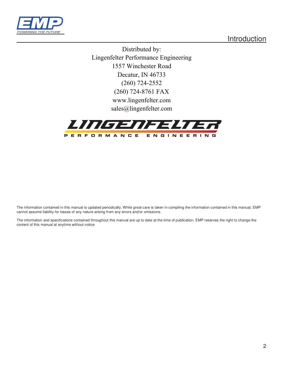 Introduction | Lingenfelter Stewart EMP High Volume Intercooler Pump E2512A & WP29 User Manual | Page 2 / 18