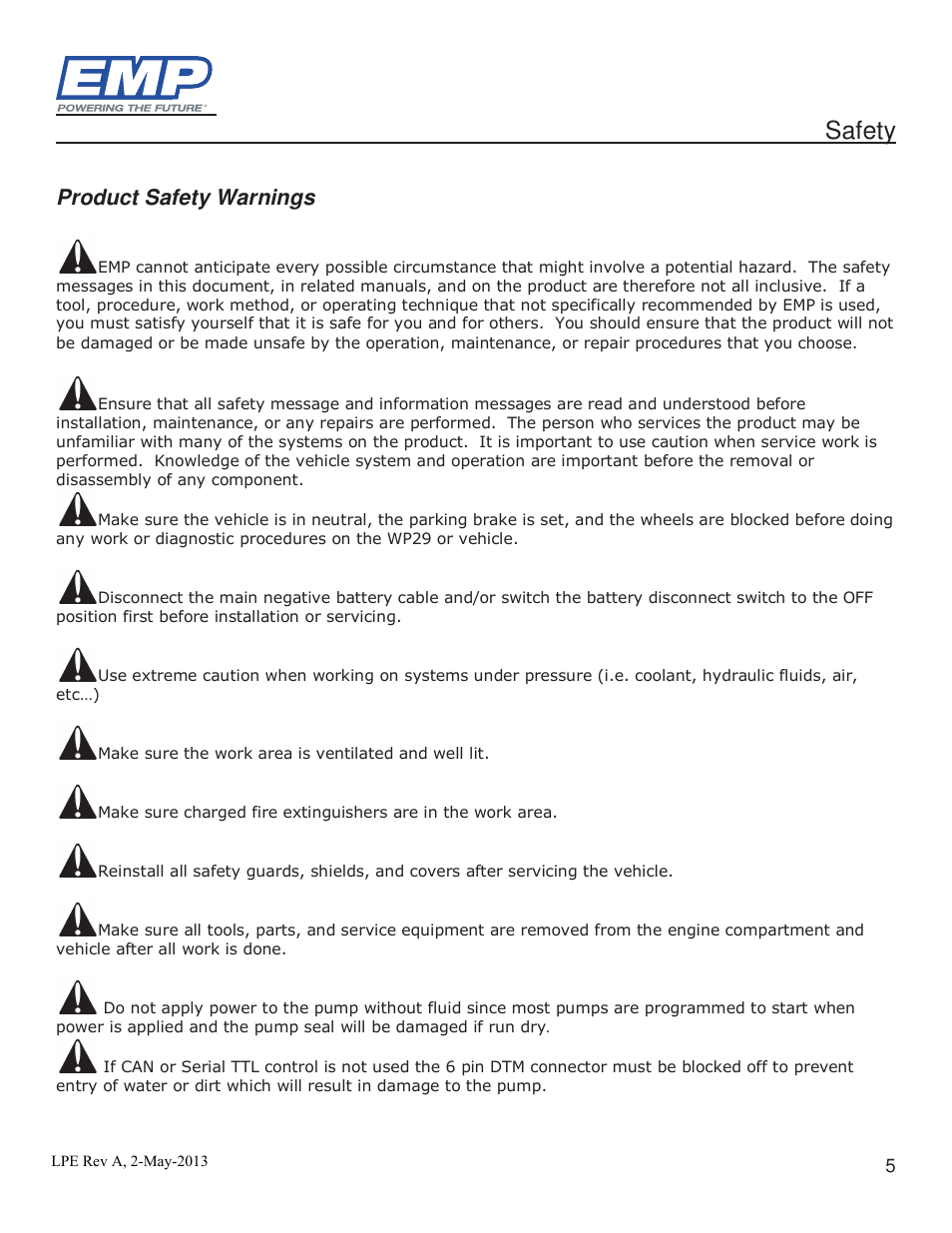 Safety, Product safety warnings | Lingenfelter Stewart EMP High Volume Intercooler Pump E2512A & WP29 User Manual | Page 5 / 18