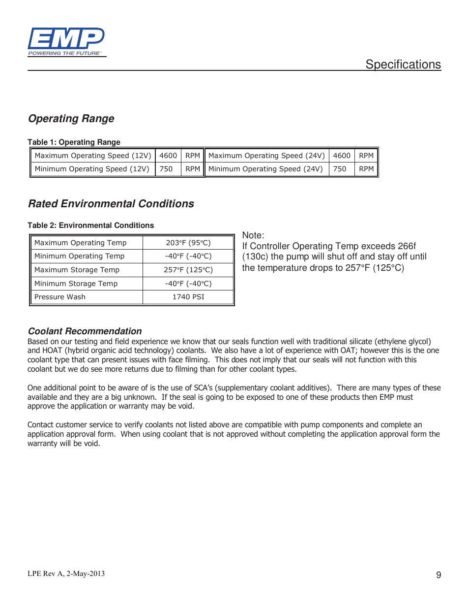 Specifications, Operating range, Rated environmental conditions | Lingenfelter Stewart EMP High Volume Intercooler Pump E2512A & WP29 User Manual | Page 9 / 18