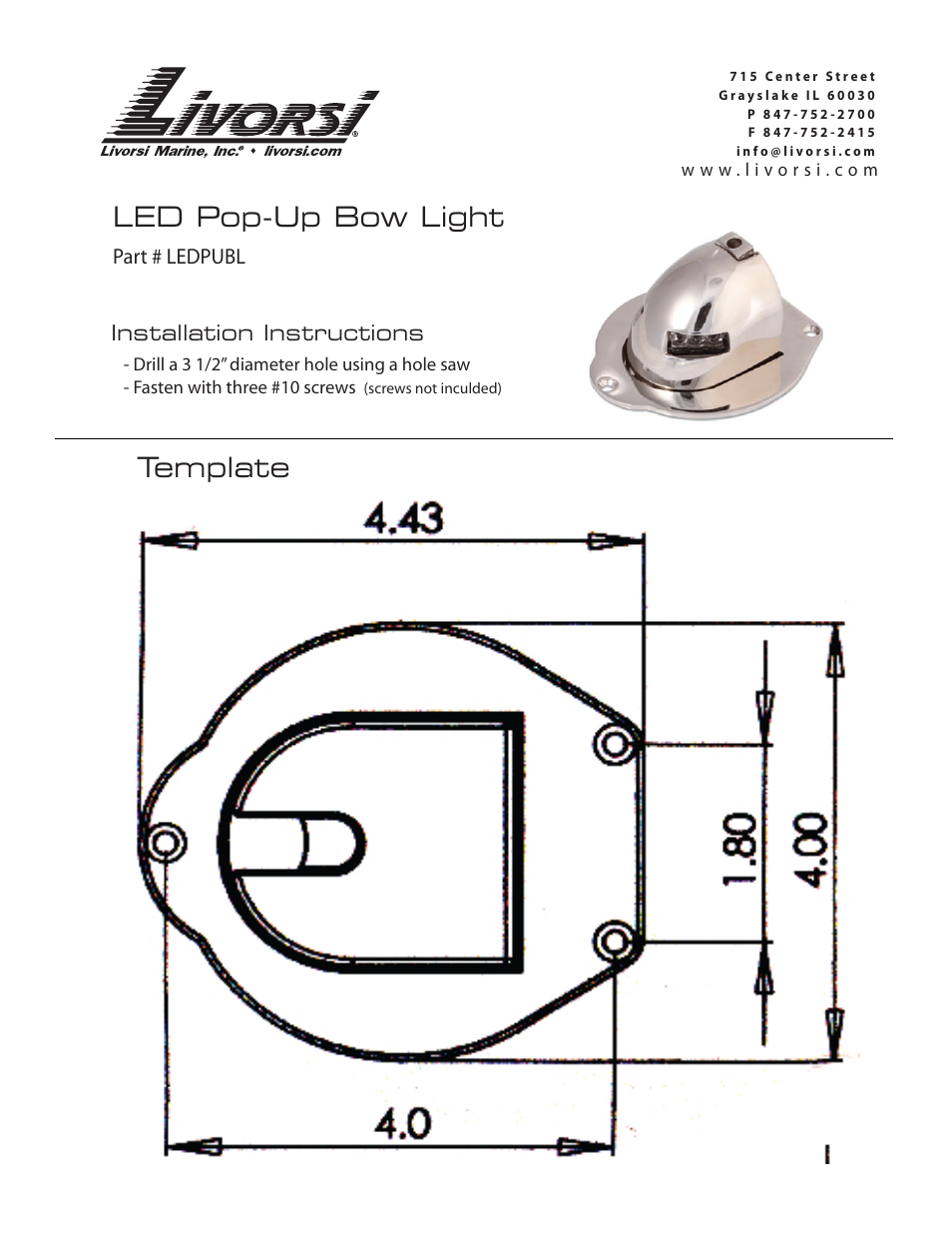 Led pop-up bow light, Template | Livorsi LED Pop Up Bow Light User Manual | Page 2 / 2